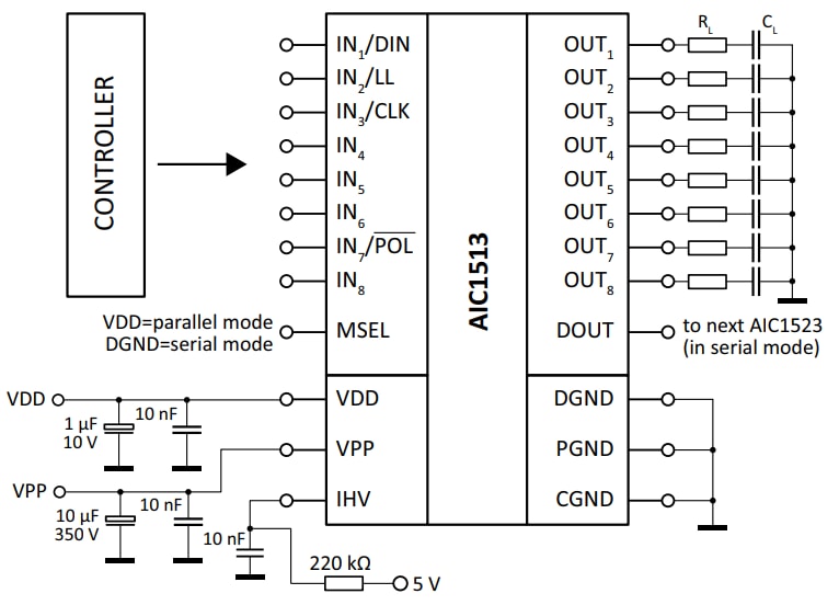 Application Circuit Diagram - Apex Microtechnology AIC1513 High-Voltage Driver IC